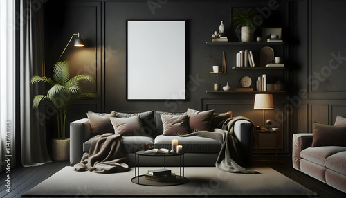 Frame Blank Framed Wall Art Mockup in a realistic dark living room with plush sofa4 photo