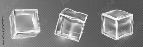3d ice cube set - transparent crystalline blocks with realistic glares, shadows and reflective surfaces. Frozen geometric shapes with smooth edges and glossy sheen for beverage graphic design.