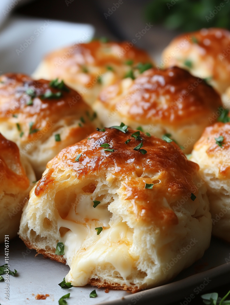 Biscuit garlic butter cheese bombs crispy and red close up divided into two parts, with the middle flowing with the fromage cheese Biscuit garlic butter cheese bombs crispy and red close up divided into two parts, with the middle flowing with the fromage cheese