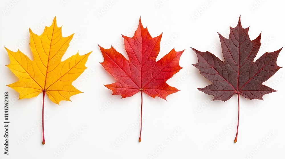 Three vibrant autumn leaves in yellow, red, and brown arranged on a white background, showcasing the beauty of fall foliage. Three vibrant autumn leaves in yellow, red, and brown arranged on a white background, showcasing the beauty of fall foliage.