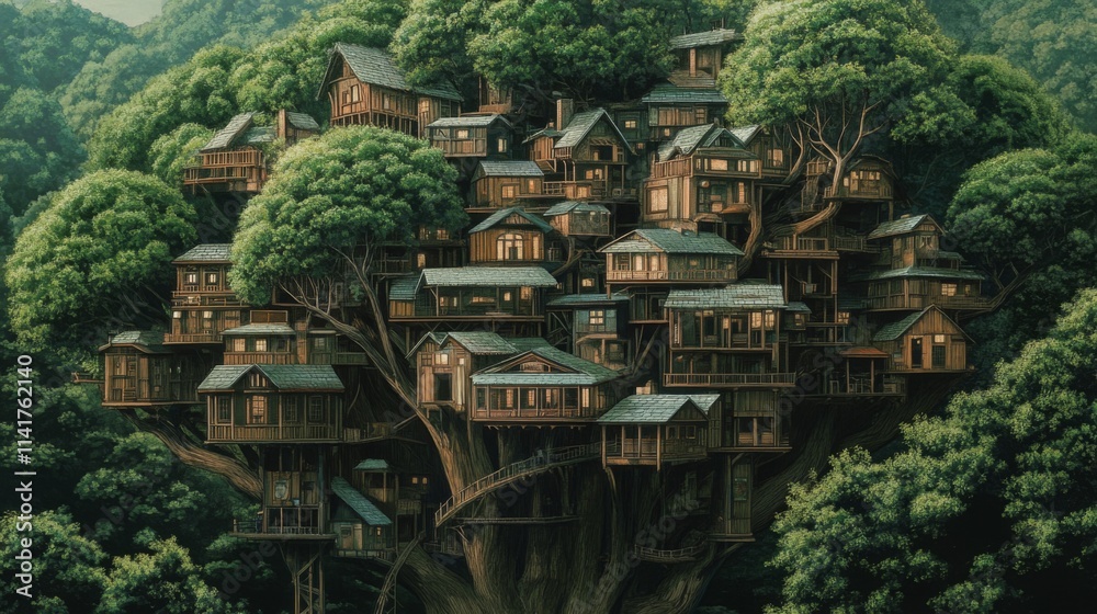 Lush green forest with numerous tree houses nestled within a giant tree. Lush green forest with numerous tree houses nestled within a giant tree.