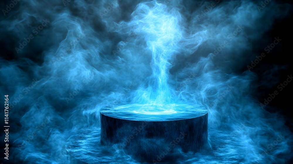 Abstract blue fire rising from a dark circular platform amidst swirling smoke. Abstract blue fire rising from a dark circular platform amidst swirling smoke.