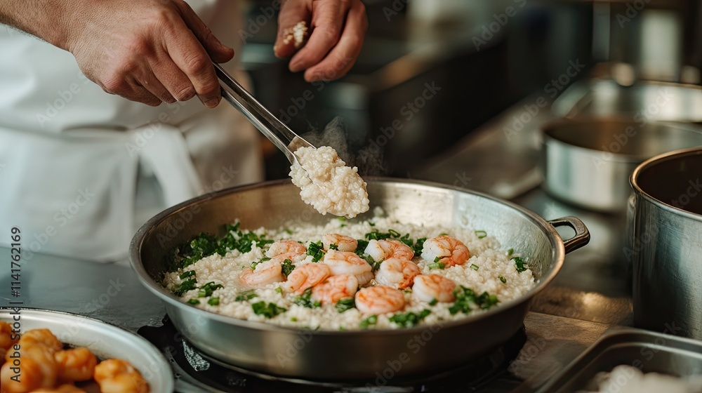 Expert Chef Preparing Delicious Shrimp Risotto in Modern Kitchen Expert Chef Preparing Delicious Shrimp Risotto in Modern Kitchen