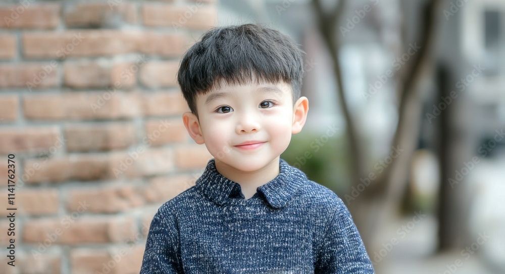 Chinese New Year symbolic gifts concept. A cheerful young boy with a neat haircut smiles while standing near a brick wall in an outdoor setting. Chinese New Year symbolic gifts concept. A cheerful young boy with a neat haircut smiles while standing near a brick wall in an outdoor setting.