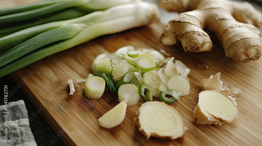 Fresh Ingredients: Sliced Green Onion and Ginger Root on Wood Fresh Ingredients: Sliced Green Onion and Ginger Root on Wood