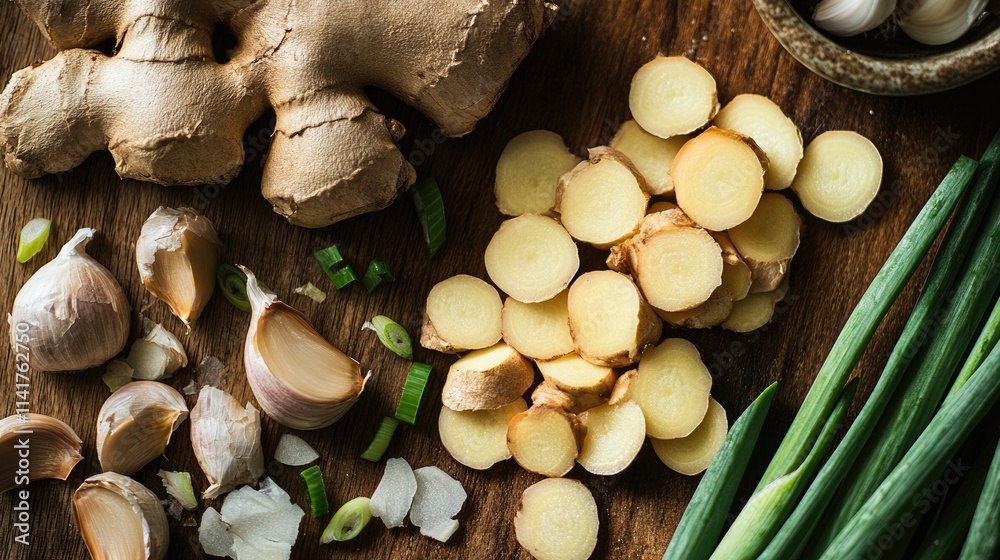 Fresh Ginger and Garlic with Sliced Green Onions on Wooden Table Fresh Ginger and Garlic with Sliced Green Onions on Wooden Table