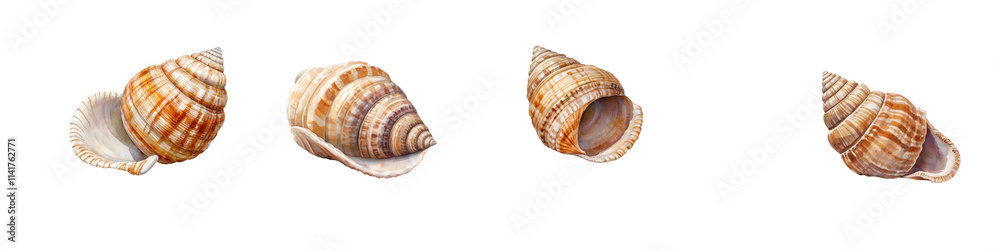 Tropical Seashells Arranged in Captivating Spiral Patterns on White Background Tropical Seashells Arranged in Captivating Spiral Patterns on White Background