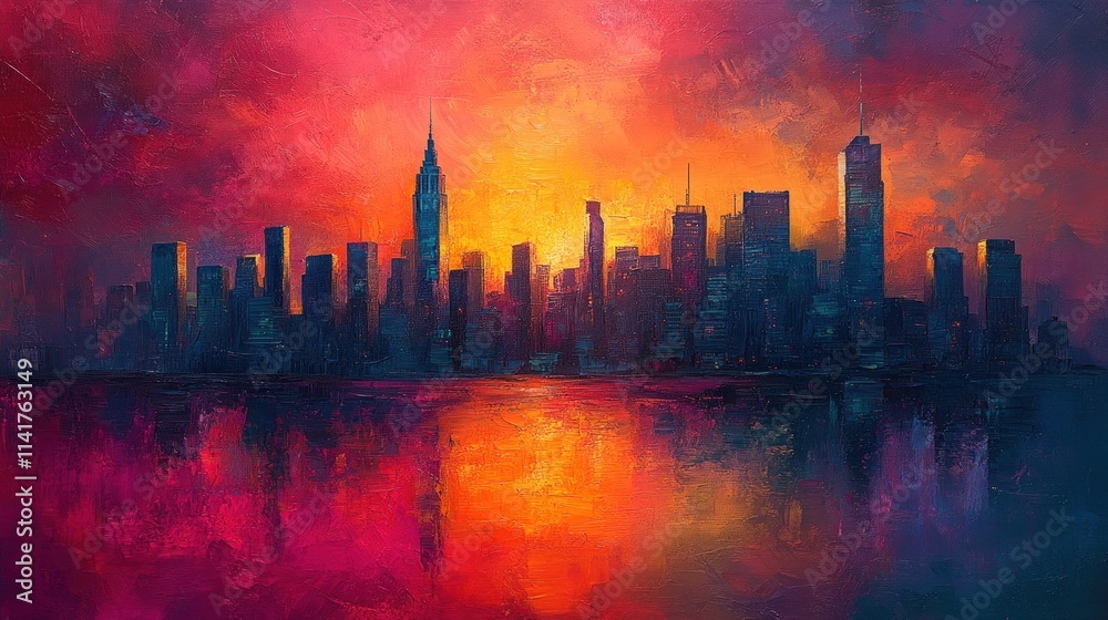 Cityscape sunset, vibrant colors, impasto style. Cityscape sunset, vibrant colors, impasto style.