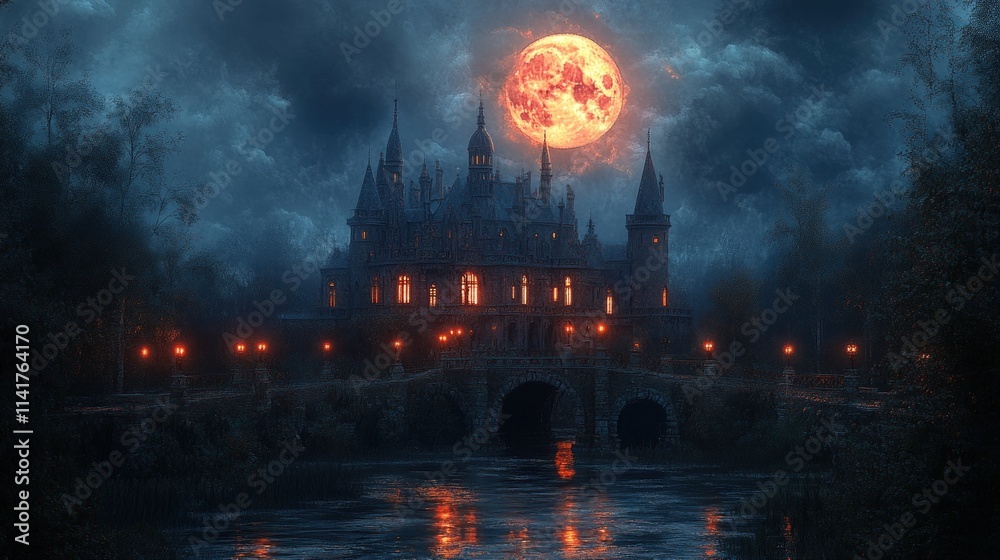 Fototapeta premium Dark castle, fiery moon, bridge, water, night.