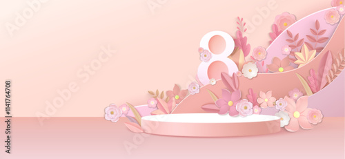 March 8 feminine display with pink platform - round podium decorated with paper flowers, golden leaves, glowing blossoms on pastel rose background. Elegant women day presentation stage design.