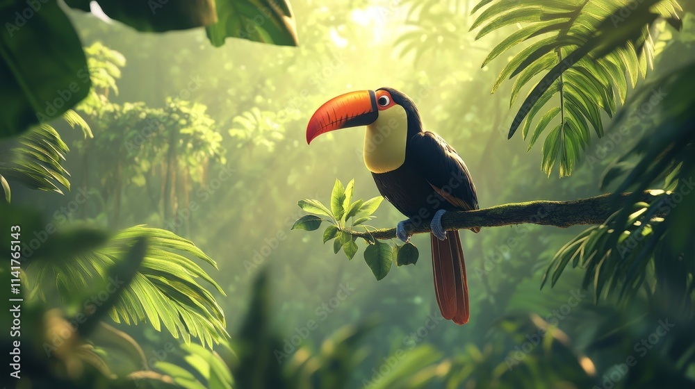 Fototapeta premium Tropical toucan in jungle, exotic bird, vibrant nature scene