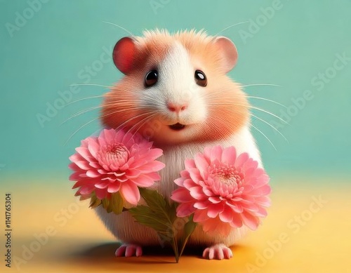 A lovable hamster with a fluffy coat poses with pink and orange flowers, surrounded by a gentle pastel gradient background, radiating charm and happiness. photo