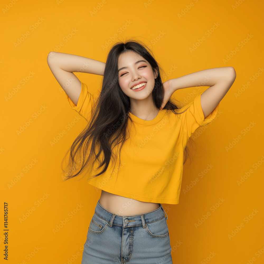 Joyful woman enjoying life in bright yellow attire urban setting lifestyle portrait cheerful environment upbeat viewpoint happiness concept Joyful woman enjoying life in bright yellow attire urban setting lifestyle portrait cheerful environment upbeat viewpoint happiness concept