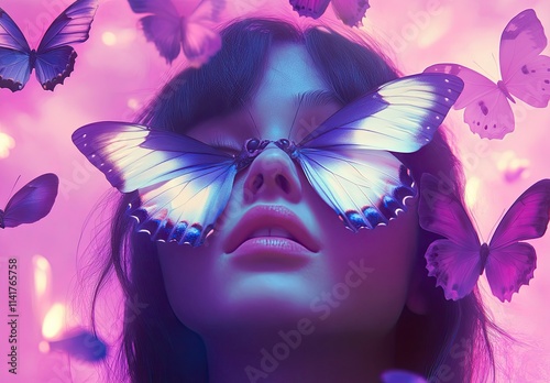 A whimsical digital art piece featuring an enchanting scene of butterflies, in vibrant shades of purple and pink photo