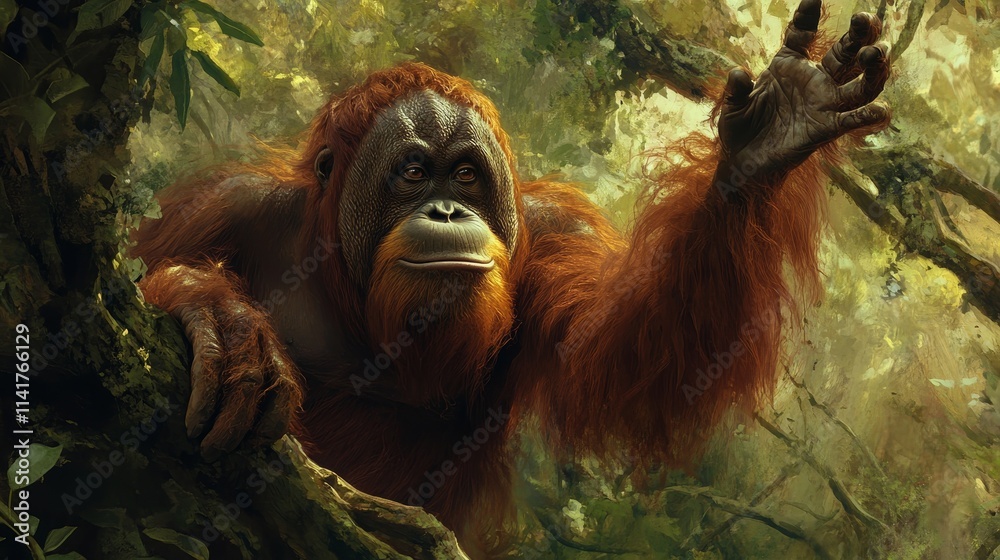 Obraz premium Orangutan reaching out, Jungle background, Green foliage, Nature photography, Wildlife, Forest scene, Primate image