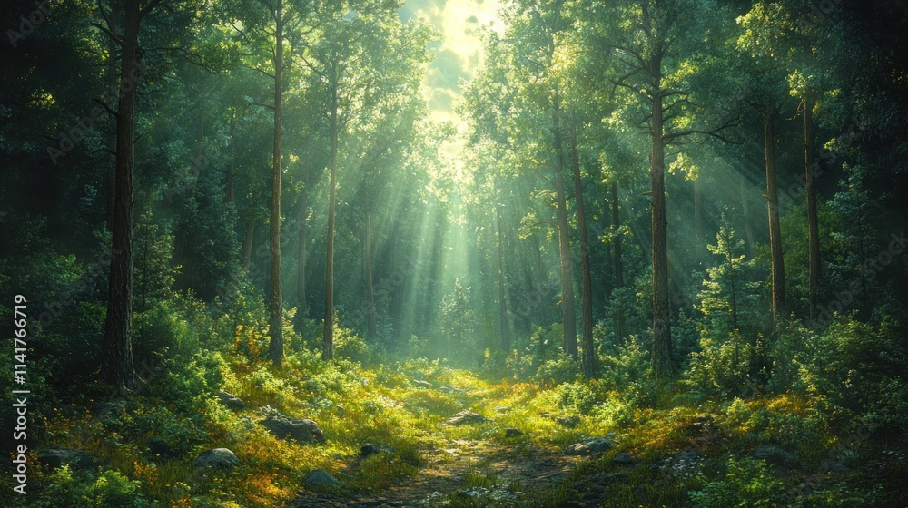 Sunlit forest path, trees, green undergrowth. Sunlit forest path, trees, green undergrowth.