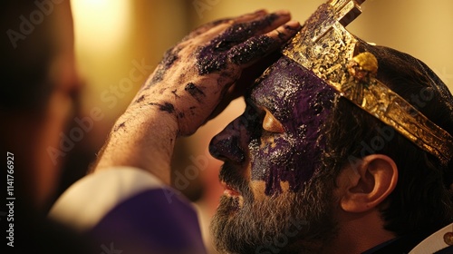 Crowned man with purple paint on his face being anointed.