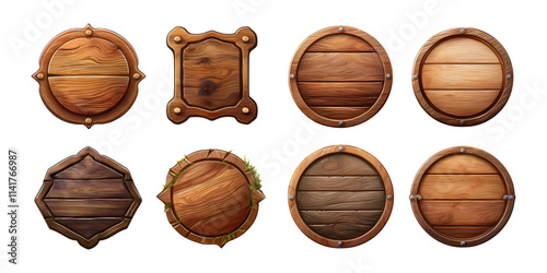 Vintage Wooden Shields Collection for Design Projects, isolated on transparent background