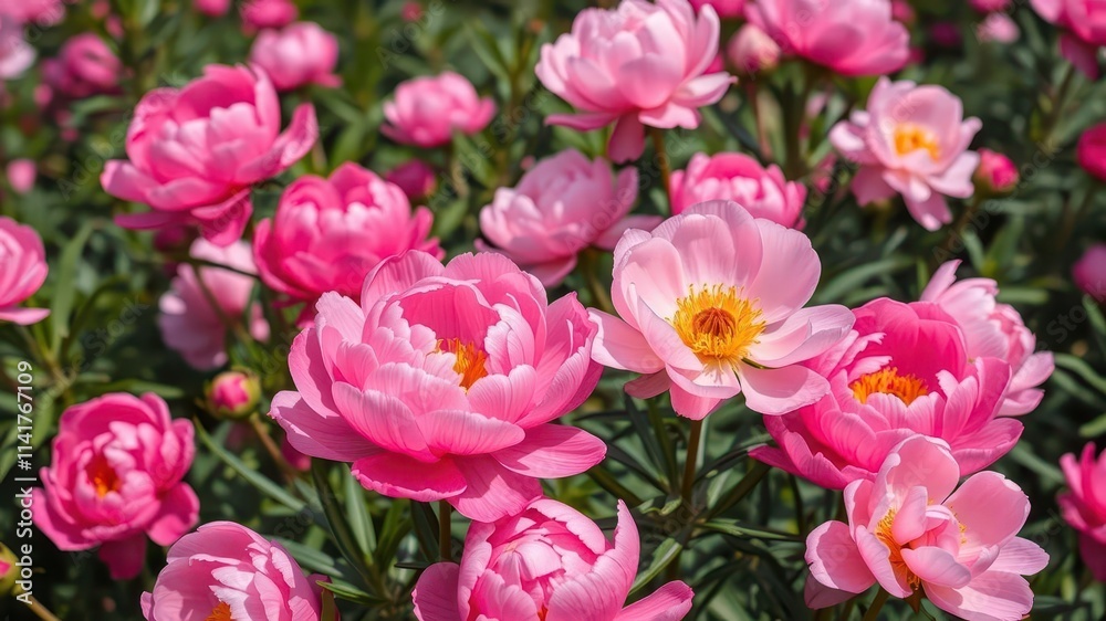 Pink peony flowers blooming in a lush garden, flowers, colorful Pink peony flowers blooming in a lush garden, flowers, colorful