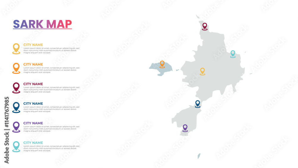Naklejka premium Sark Modern Map Infographic Template, Detailed infographic map of Sark Popular City