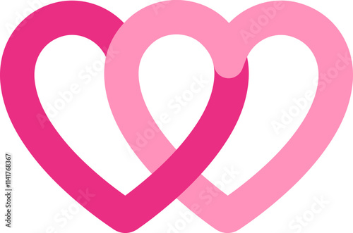 Two linked hearts icon. 
Locked linked love heart shape flat vector.
Two hearts together vector.
For celebrating Valentine's Day or wedding.
Transparent background.