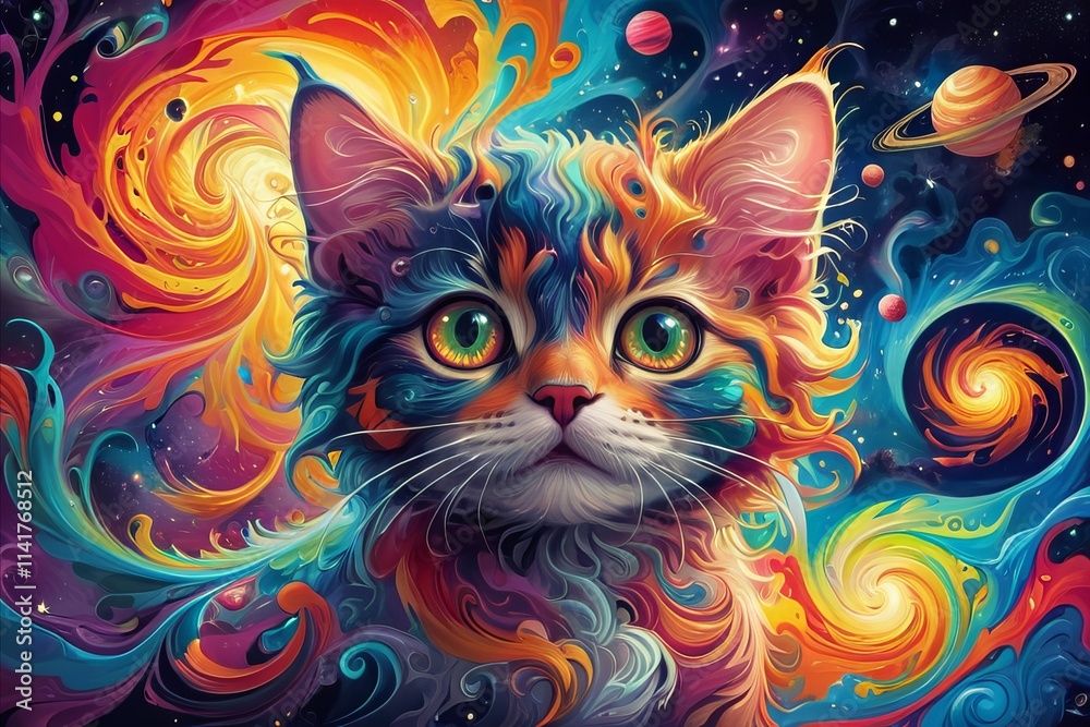 Kitten cat head in fractals and swirls of psychedelic art Kitten cat head in fractals and swirls of psychedelic art