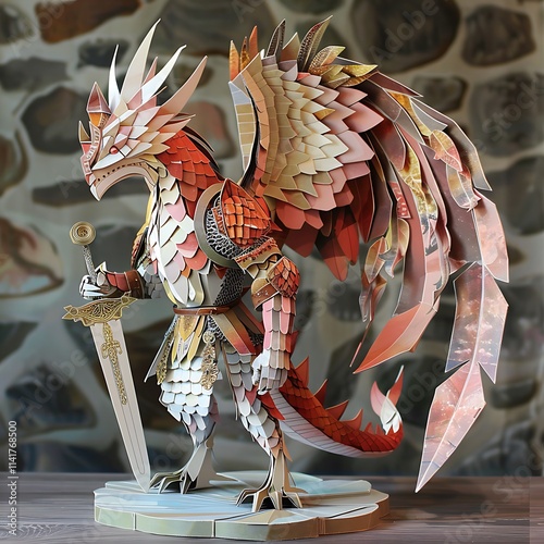 Epic battle of a dragon warrior fantasy realm 3d paper art creative studio close-up mythical adventure photo