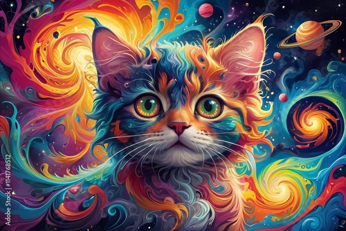 Kitten cat head in fractals and swirls of psychedelic art