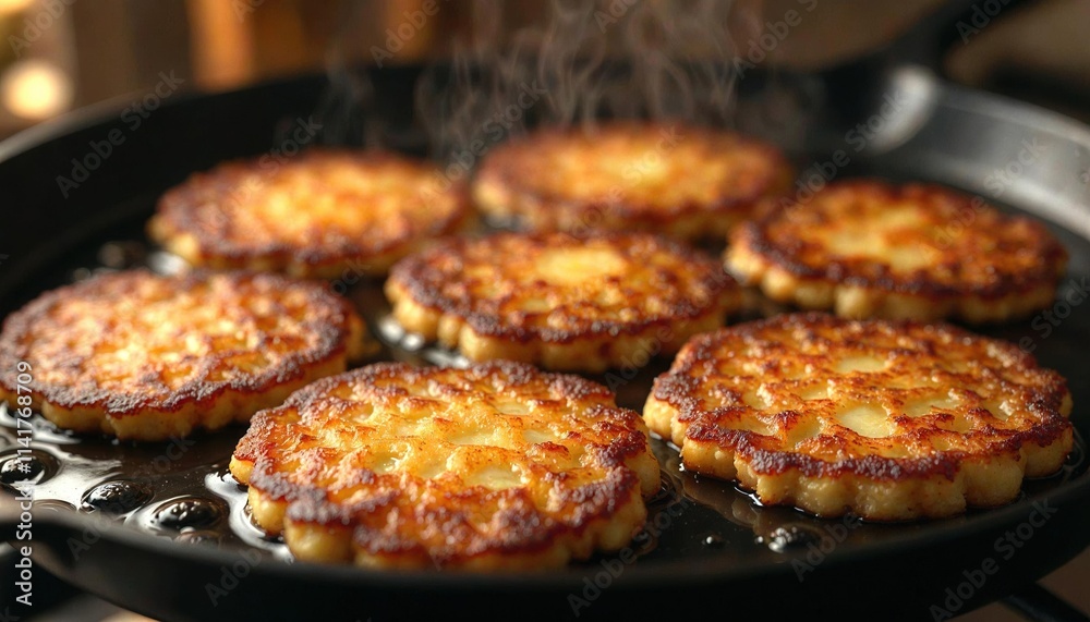 Golden Latkes Sizzling in Cast Iron Skillet Golden Latkes Sizzling in Cast Iron Skillet
