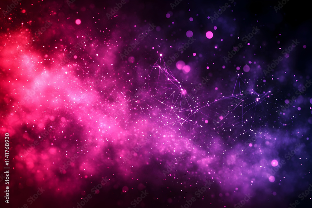 Abstract cosmic nebula with pink, purple, and blue hues, featuring a network of interconnected nodes and glowing particles. Abstract cosmic nebula with pink, purple, and blue hues, featuring a network of interconnected nodes and glowing particles.