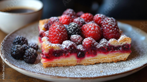 A French tart filled with fresh berries and topped with powdered sugar, served with espresso