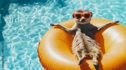 Meerkat in pool, orange float, sunglasses, summer fun, cute animal, relaxing water, poolside vibes, adorable meerkat