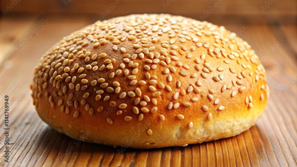 Fresh Sesame Seed Bun on Wooden Surface Fresh Sesame Seed Bun on Wooden Surface