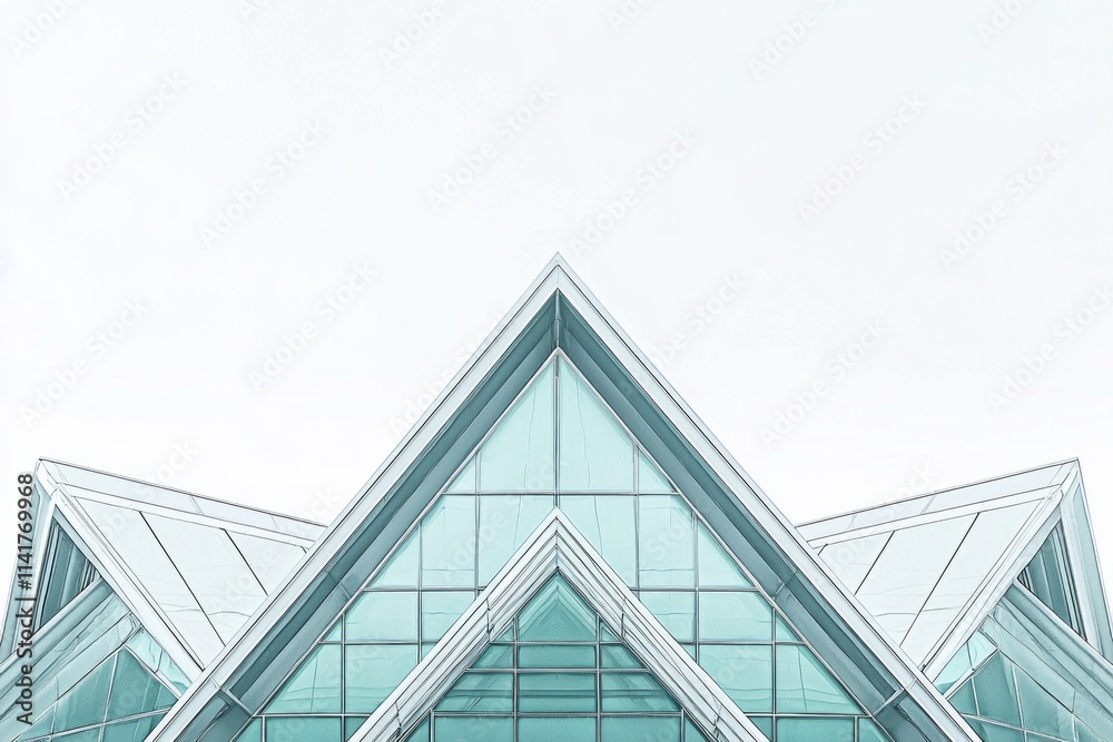 Obraz premium A minimalist style of a building roof and facade, featuring sharp lines and geometric shapes of glass panels against an isolated white background.