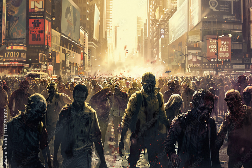 Obraz premium Scary sinister zombie wandering in street with dramatic lighting