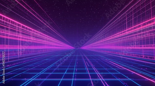 Futuristic neon grid horizon, glowing lines, starry sky, digital background photo