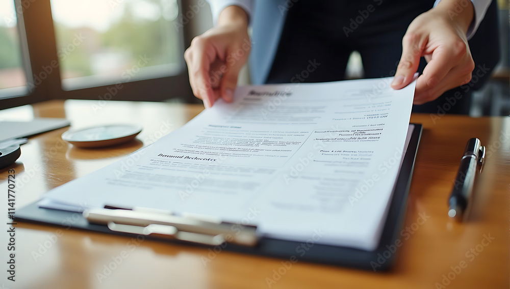 Close-up of hands holding a clipboard with interview notes. A polished wooden table and blurred background highlight a formal, professional office environment. Close-up of hands holding a clipboard with interview notes. A polished wooden table and blurred background highlight a formal, professional office environment.