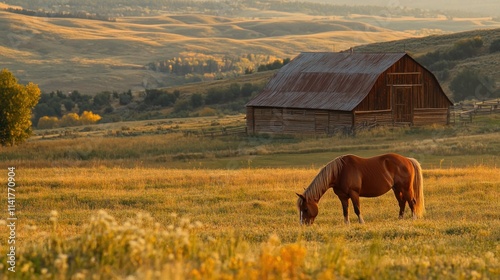 Rustic wooden barn and chestnut horse grazing in a golden autumn field at sunset.