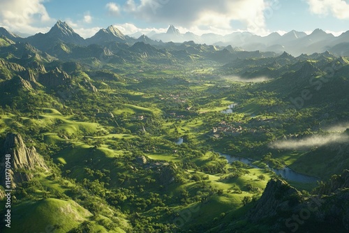 Lush green valley nestled between majestic mountains under a partly cloudy sky. photo