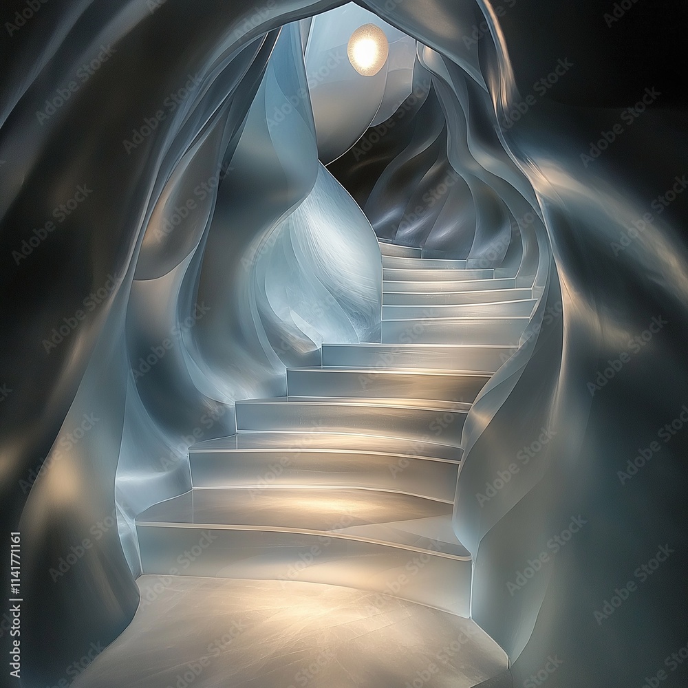 Naklejka premium Ascend to the Unknown: A surreal stairway carved through a luminous, ethereal landscape, beckoning the viewer towards an unseen destination. The soft glow of the moon casts an otherworldly light.
