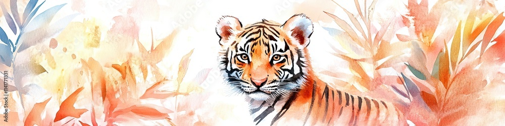 Naklejka premium cute little tiger. Watercolor illustration. multi-colored tones. cheerful romantic atmosphere. strong feelings. place for text. 