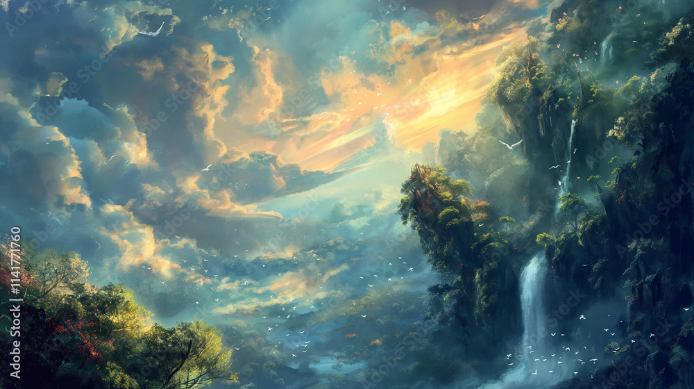 Fototapeta premium 静寂の森と滝の美しいイラスト