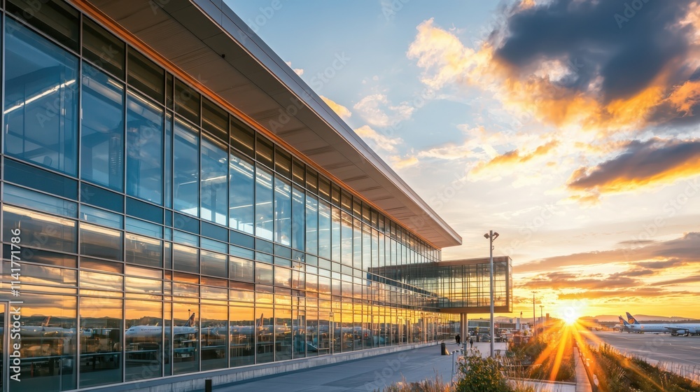 Obraz premium Sustainable airport terminal innovations green initiatives modern transportation hub urban environment aerial view eco-friendly design