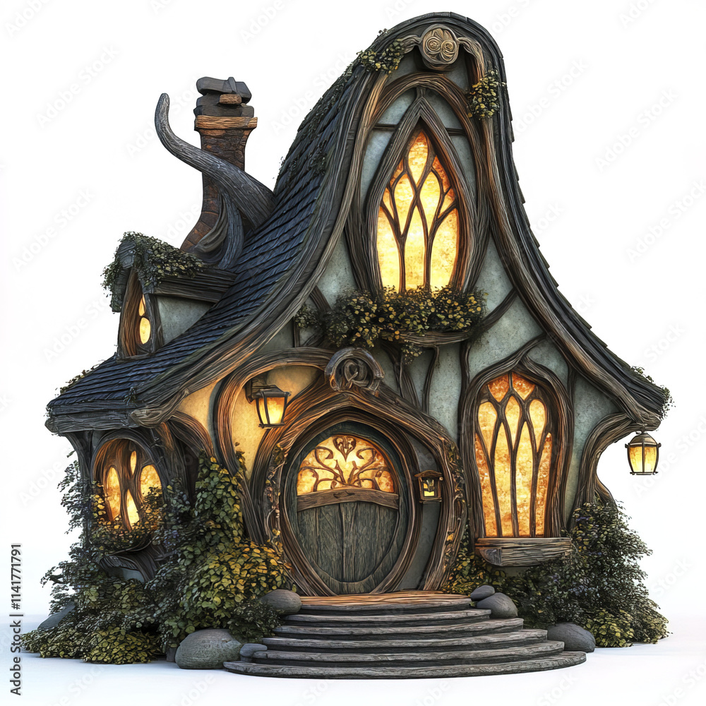 Fototapeta premium Elegant elven fairy tale house with intricate details and warm lights