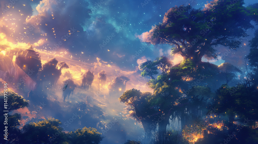 Obraz premium 幻想的な空と森のイラスト