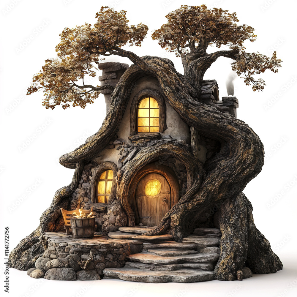 Fototapeta premium Cozy fairy tale house nestled in tree hollow with earthy tones
