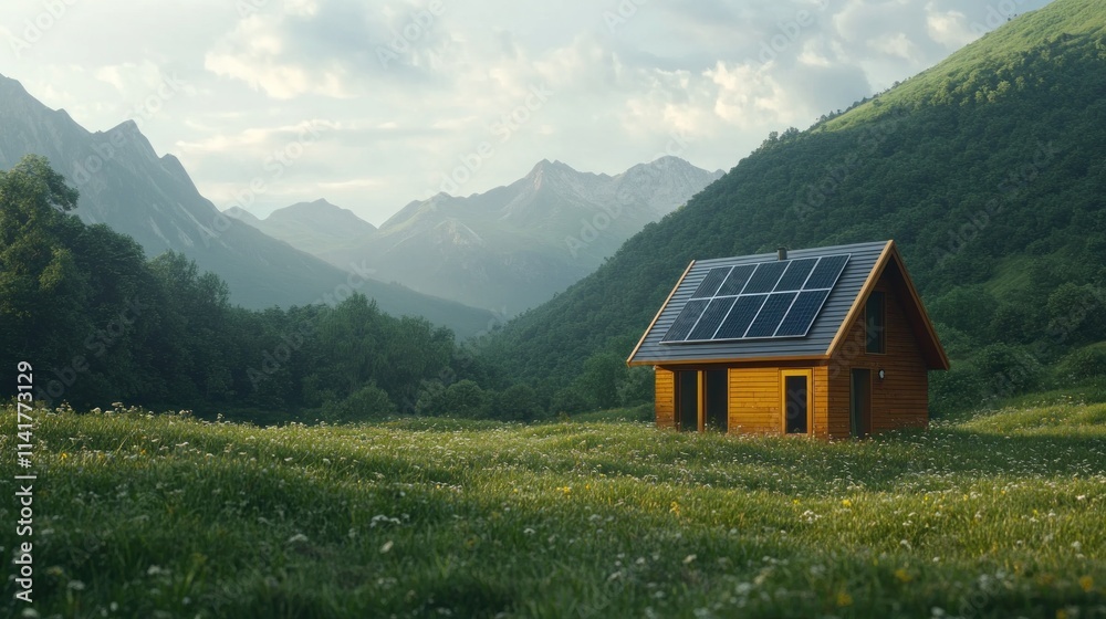 Fototapeta premium Sustainable wooden house with solar panels in a mountain valley meadow.