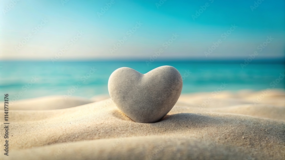 Serene stone heart nestled in soft beach sand, ocean backdrop Serene stone heart nestled in soft beach sand, ocean backdrop