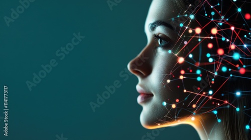 A Portrait of a Woman with a Futuristic Digital Network Overlay Representing Technology, Connectivity, and Artificial Intelligence in a Creative Artistic Style