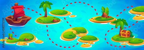 Pirate game map. Vector cartoon illustration of tropical islands with palm trees, old ship with scarlet sails, path to treasure chest. Pirate adventure route for navigation between gaming levels